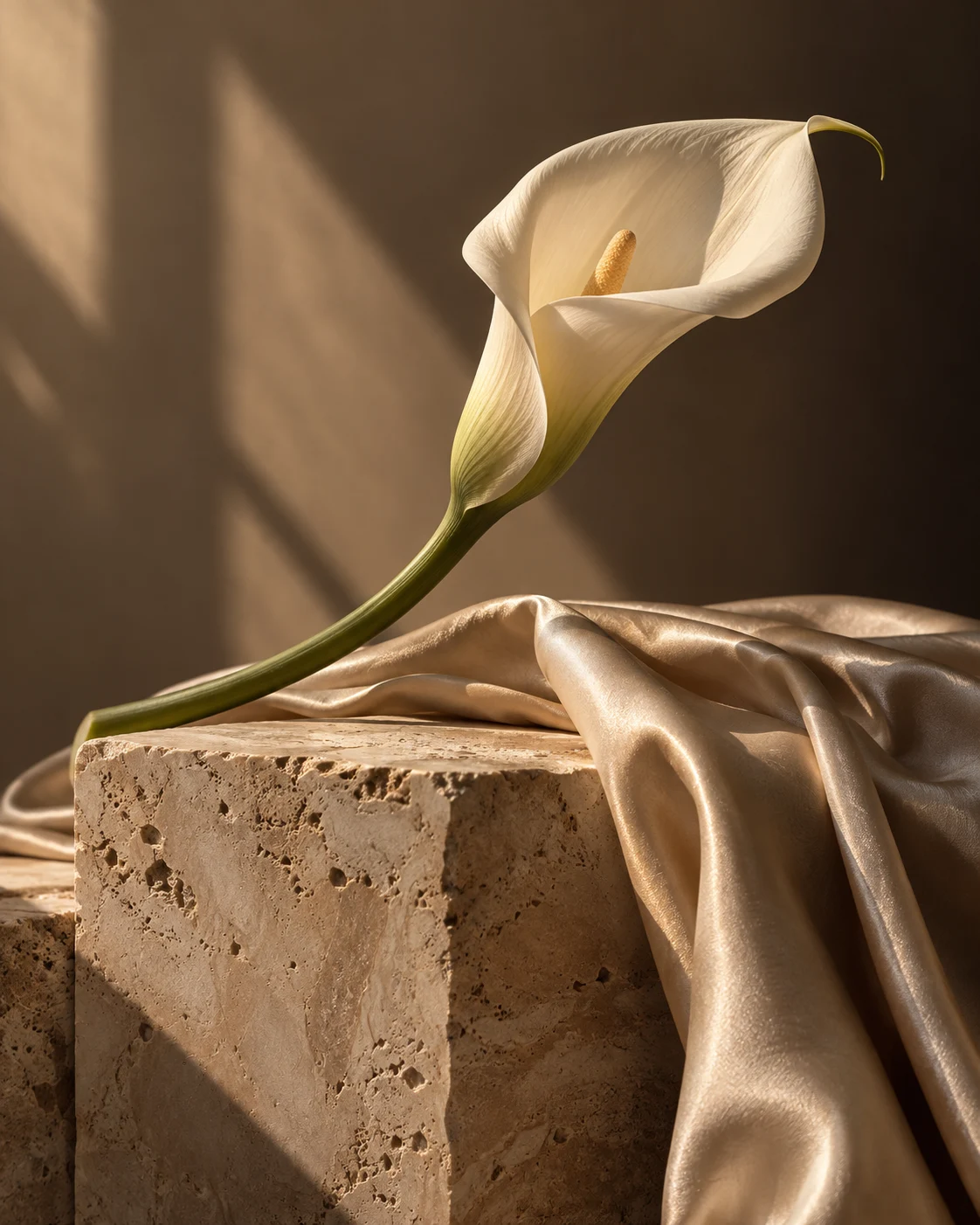 An ivory calla lily resting on warm travertine and champagne silk